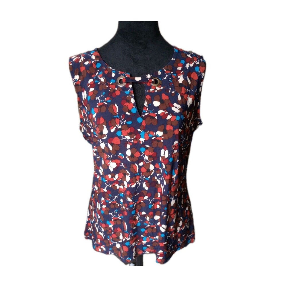 Tommy Hilfiger Women's L Navy Blue Floral Short Sleeve Blouse